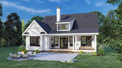 This is an illustration of the rear of modern farmhouse house plan 1600 The McKenna