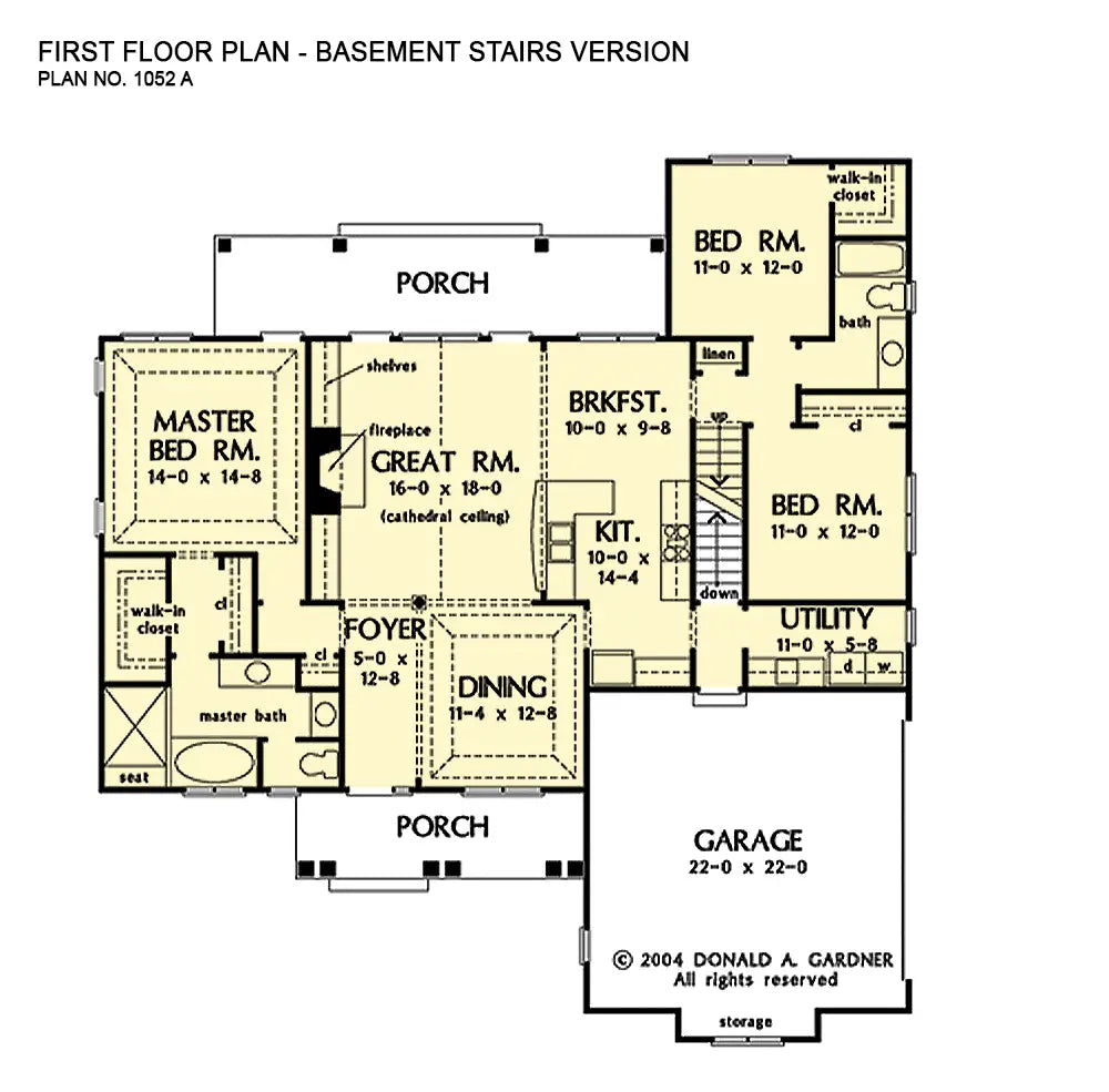 This is the first floor plan image for one story house plan 1052 The Meadowlark if the home is built over a basement