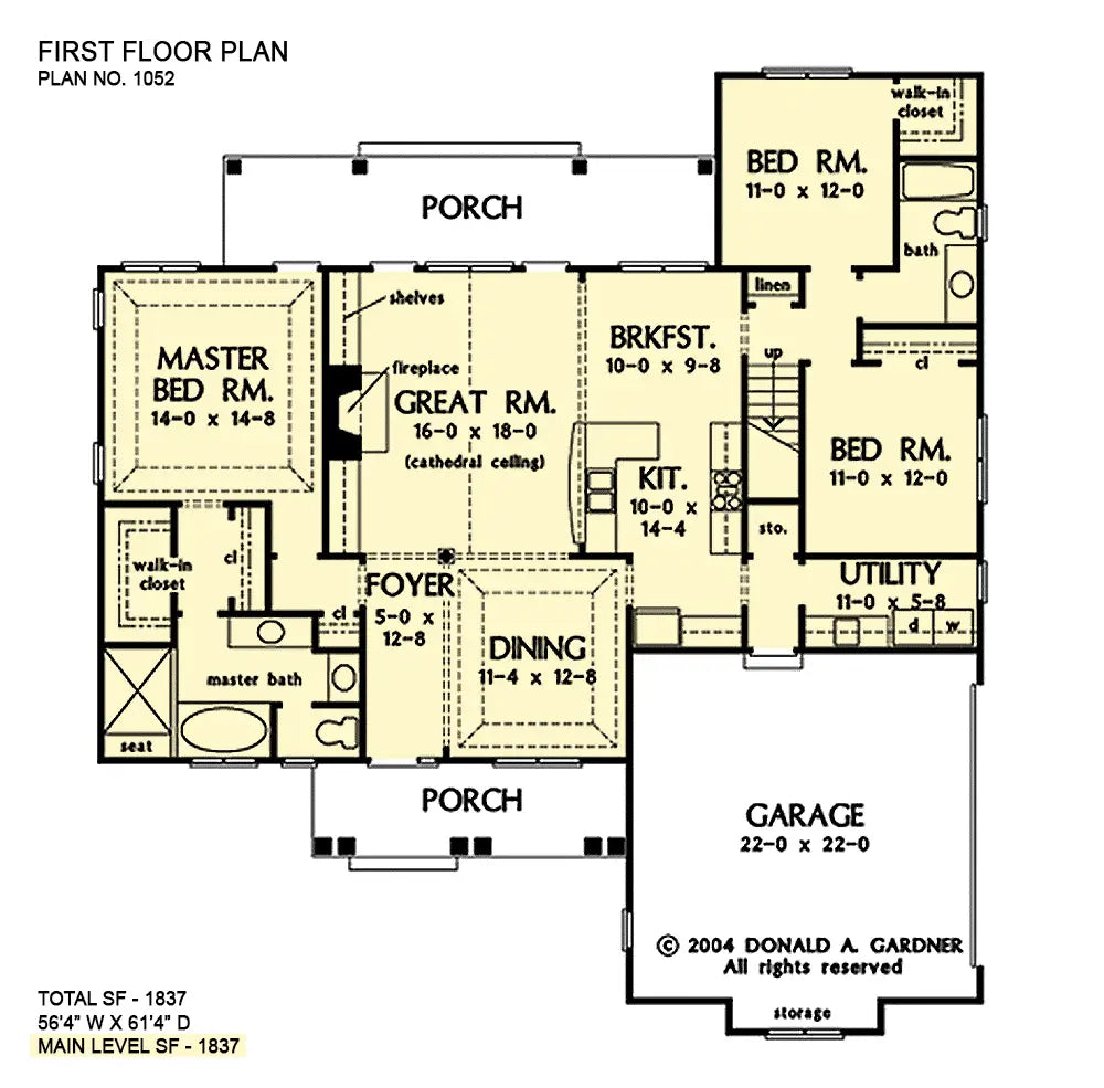 This is the first floor plan image for three bedroom house plan 1052 The Meadowlark