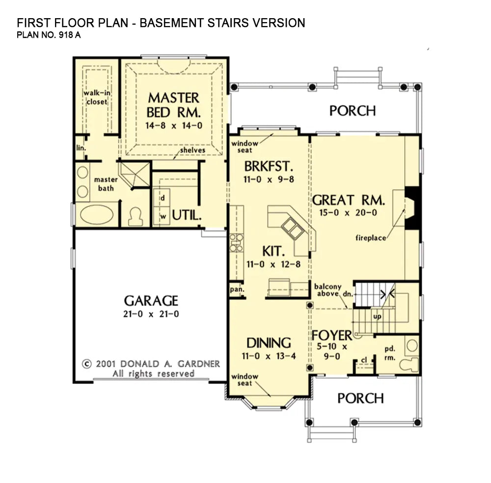 This is the first floor plan image for traditional house plan 918 The Meadowsweet if the home is built over a basement