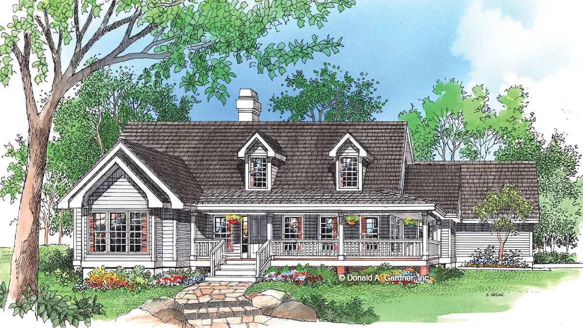 This is an illustration of the front of small house plan 266 The Meadowview