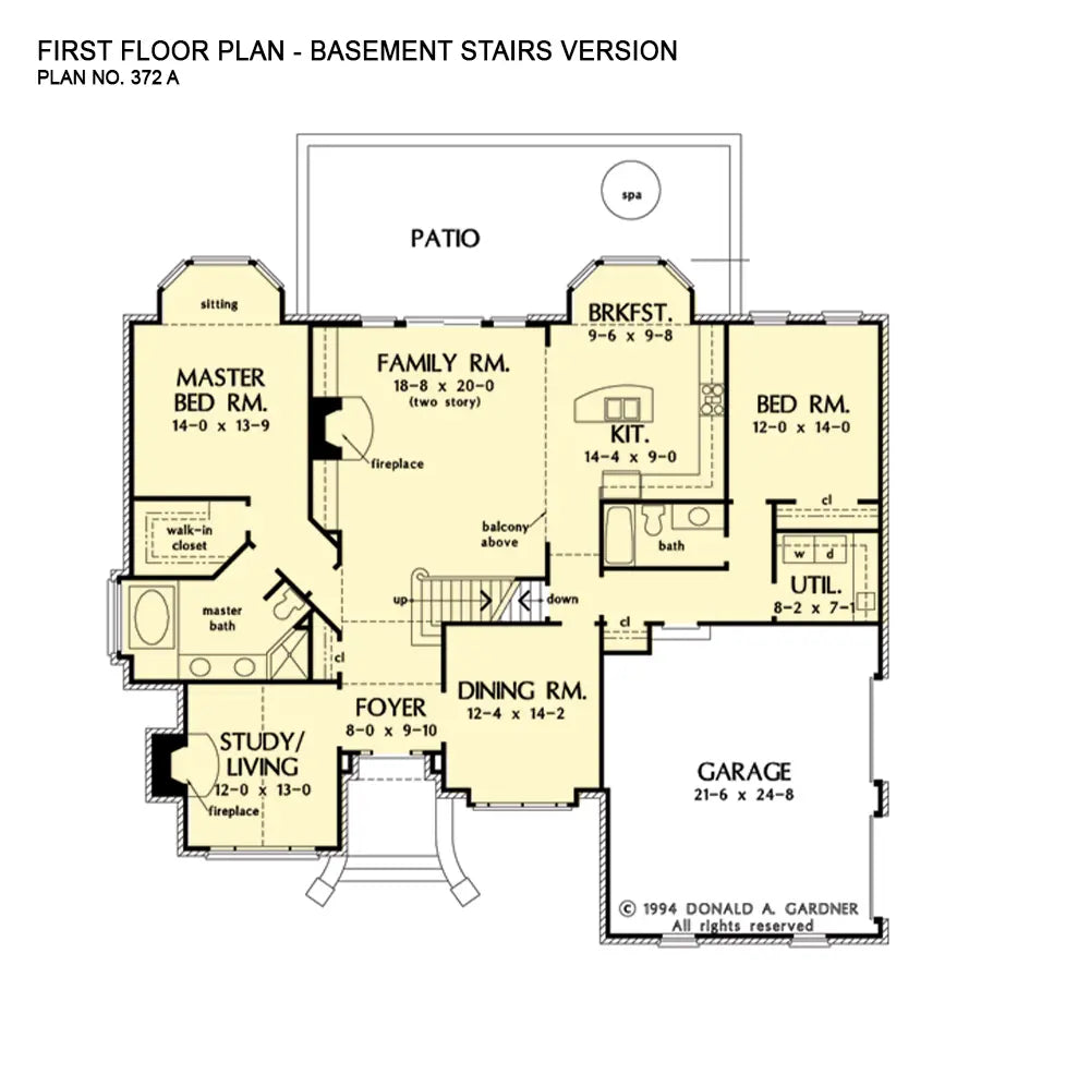 This is the first floor plan image for traditional house plan 372 The Mercer if the home is built over a basement