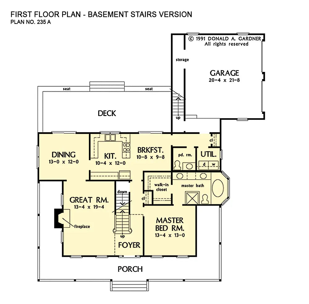 This is the first floor plan image for farmhouse plan 235 The Merrifield if the home is built over a basement