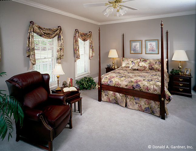 This is a photograph of the master bedroom of farmhouse plan 235 The Merrifield as built by a customer