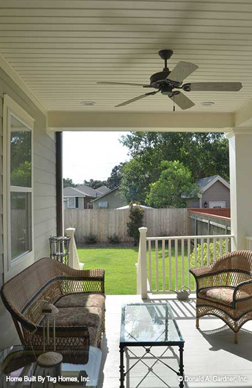 Ceiling fan on the rear covered porch. The Merrill plan 1209