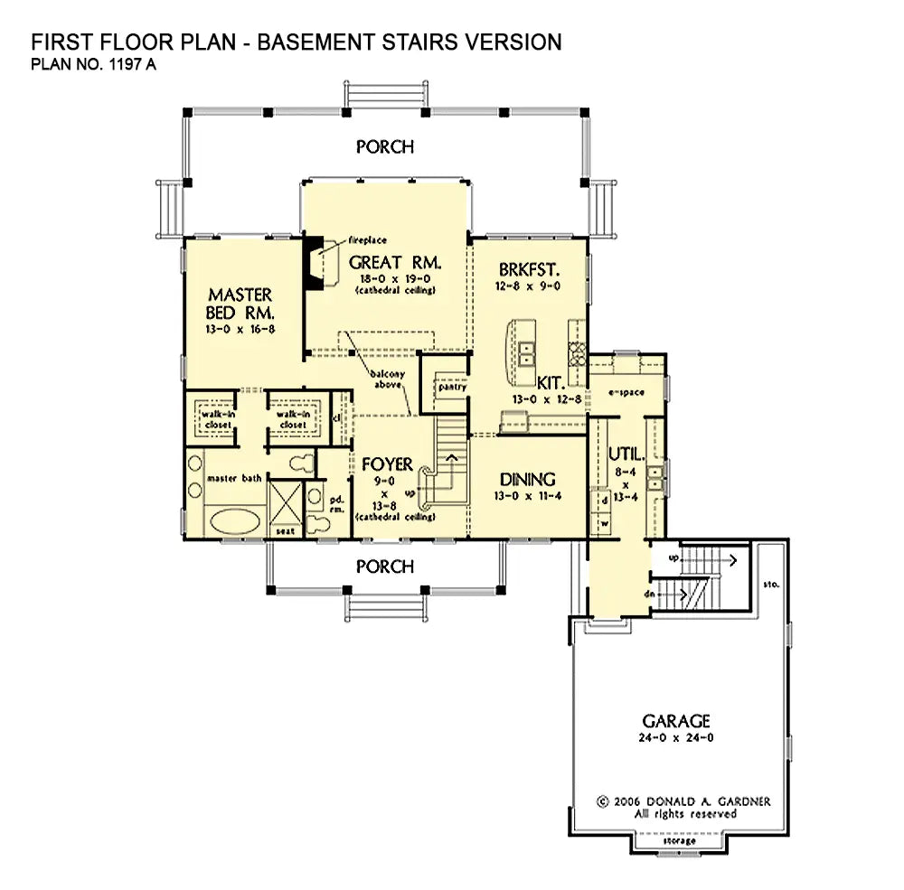 This is the first floor plan image for farmhouse house plan 1197 The Metairie if the home is built over a basement