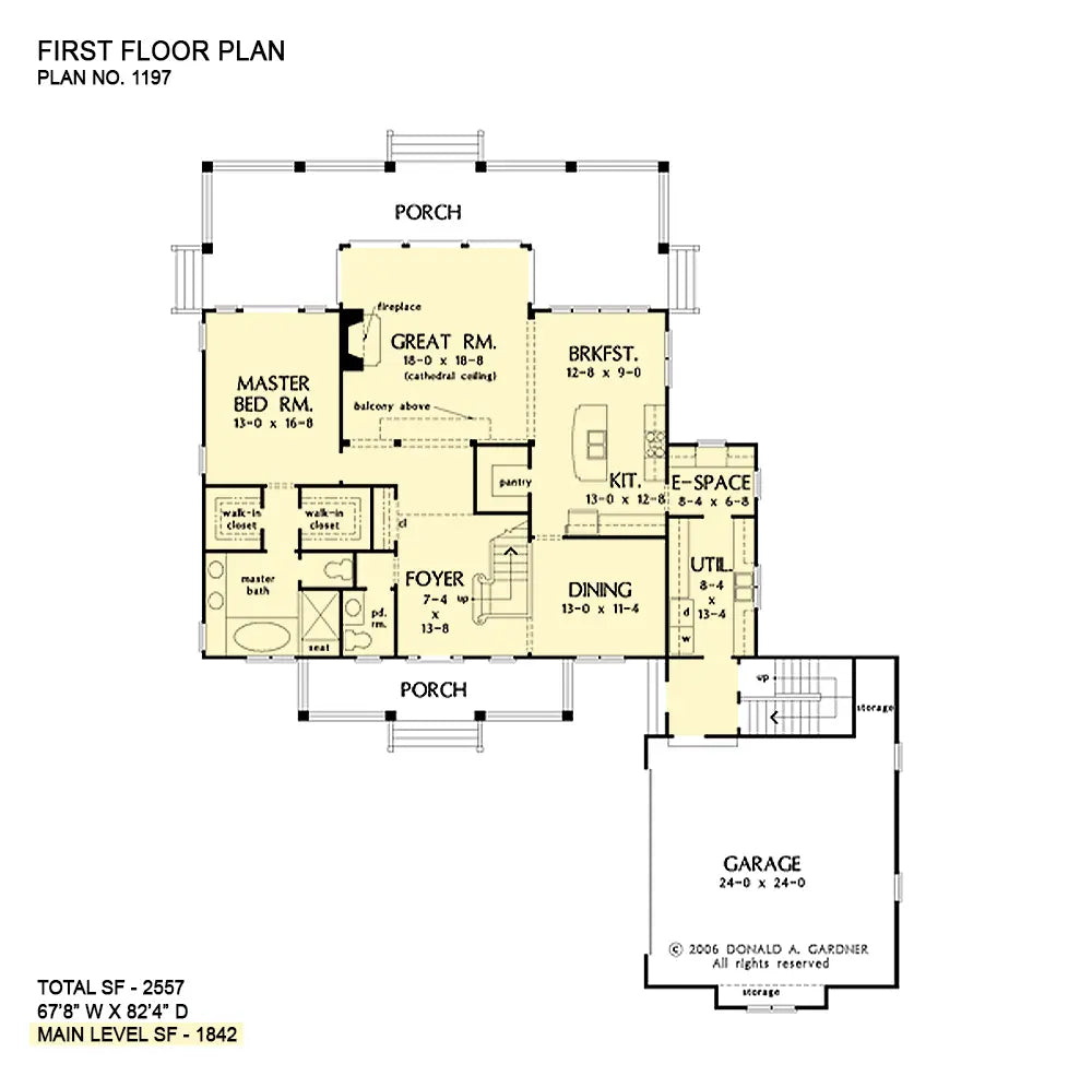 This is the first floor plan image for three bedroom house plan 1197 The Metairie