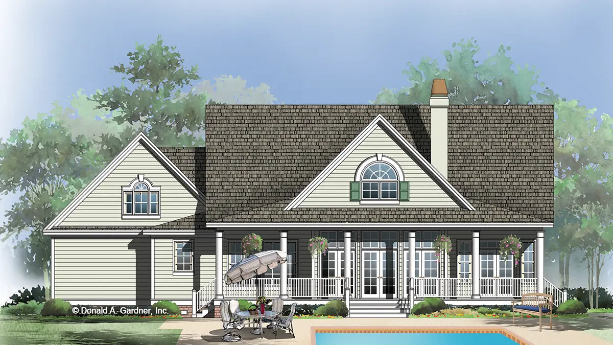 This is an illustration of the rear of farmhouse house plan 1197 The Metairie