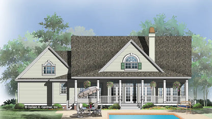 This is an illustration of the rear of farmhouse house plan 1197 The Metairie