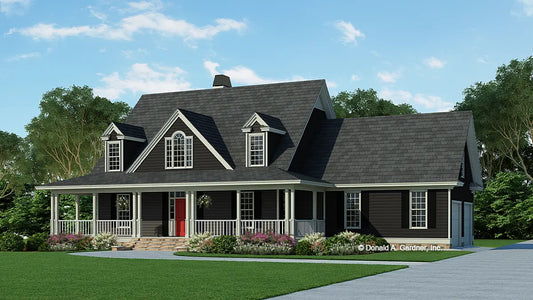 This is an illustration of the front of farmhouse house plan 371 The Midland