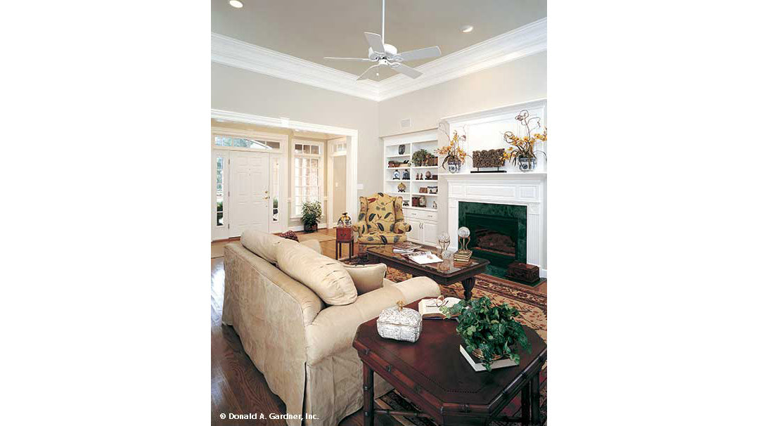 Built in bookcase beside the fireplace in the living room. The Milford plan 331. 