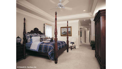 Tray ceiling and ceiling fan in the master bedroom. The Milford plan 331. 