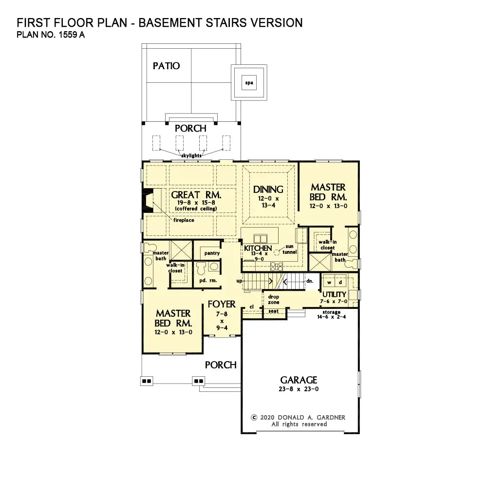 This is the first floor plan image for narrow lot house plan 1559 The Millicent if the home is built over a basement