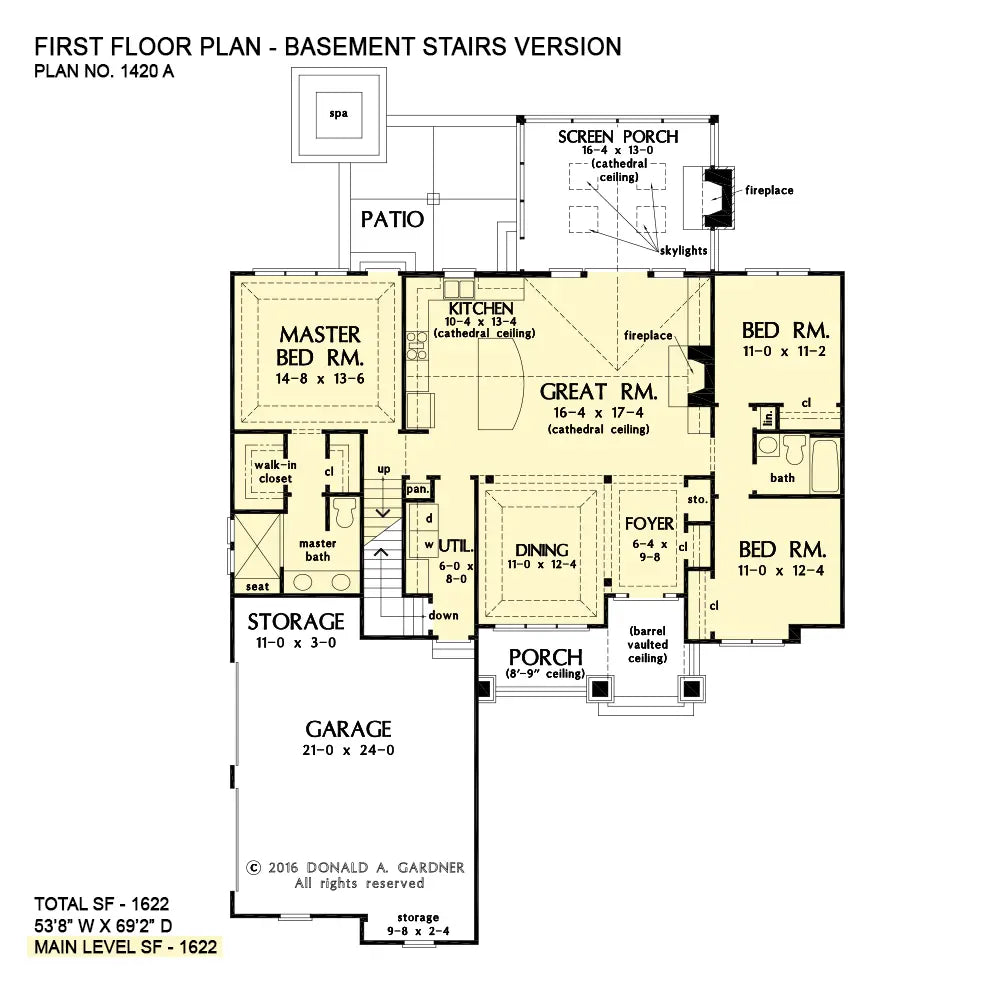 This is the first floor plan image for three bedroom house plan 1420 The Miranda if the home is built over a basement