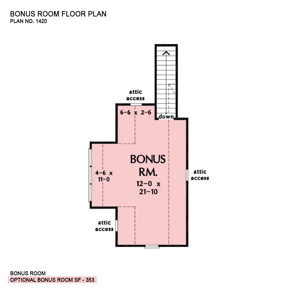 This is the bonus room floor plan image for one story house plan 1420 The Miranda