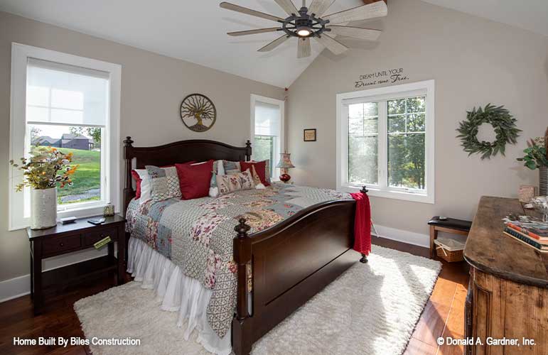 View of bedroom with vaulted ceilings. 