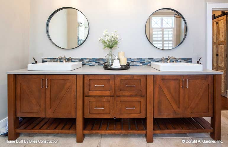 Front view of this roomy his and hers vanity in the master bath. 