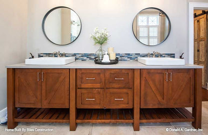 Front view of this roomy his and hers vanity in the master bath. 