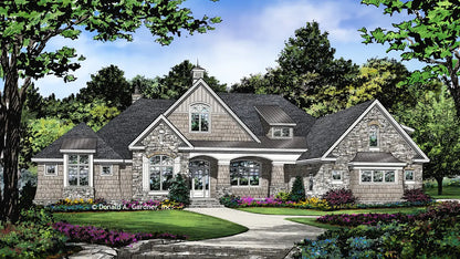 This is an illustration of the front of Craftsman walkout basement house plan 1413 The Mitchell