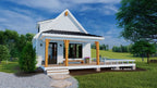 This is an illustration of the front of tiny house plan 1560 The Montana
