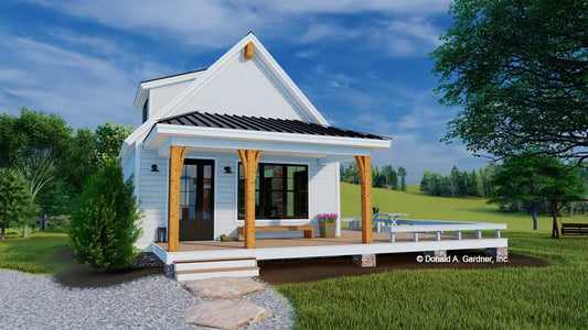 This is an illustration of the front of tiny house plan 1560 The Montana