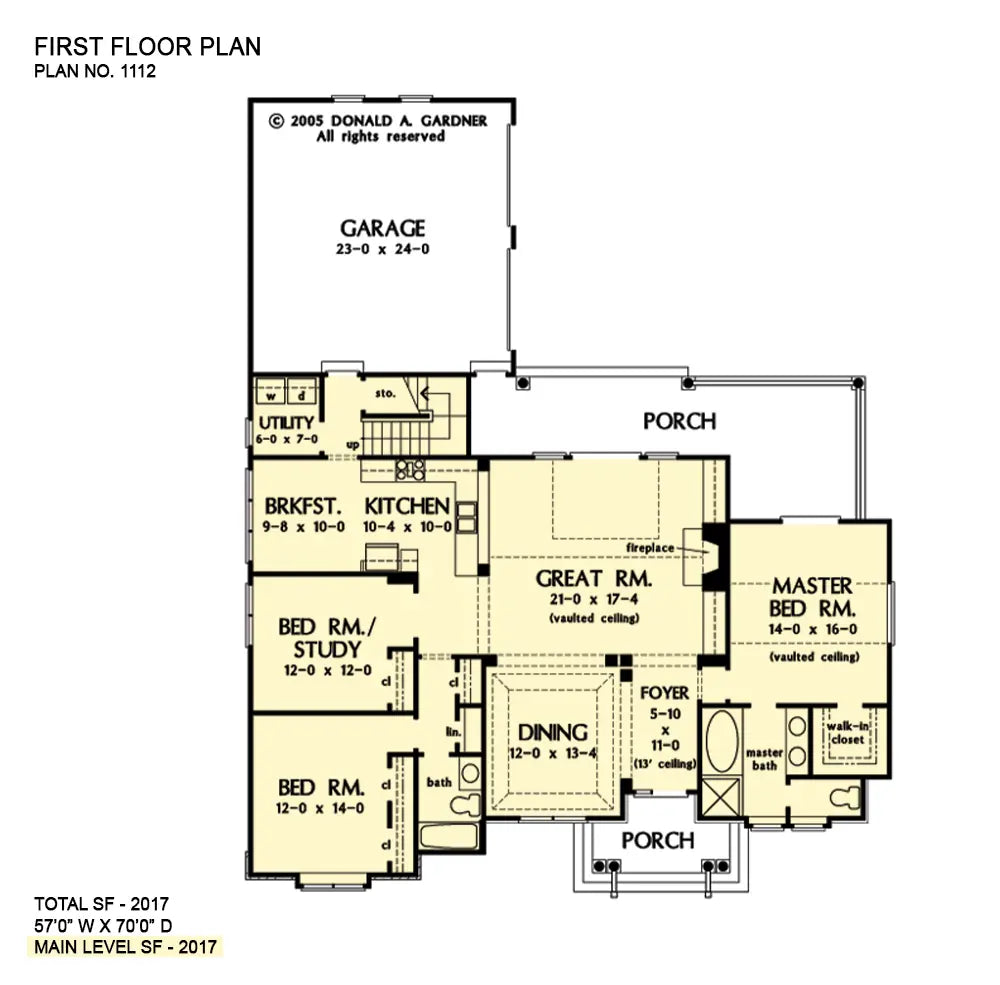 first floor plan with a central great room, 2 bedrooms on the left the master suite on the right and the kitchen and breakfast nook in the rear left of the plan