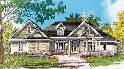 This is an illustration of the front of five bedroom house plan 711 The Monte Vista