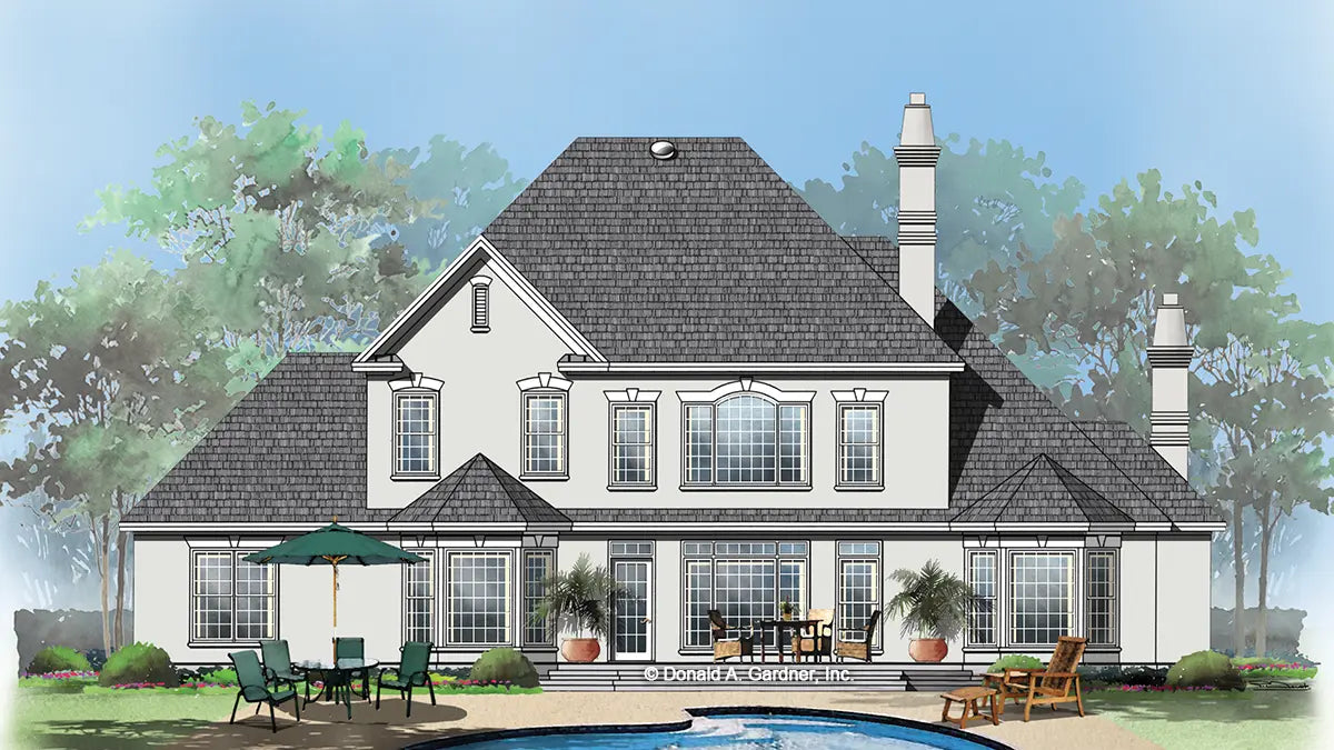 This is an illustration of the rear of four bedroom house plan 483 The Montpelier