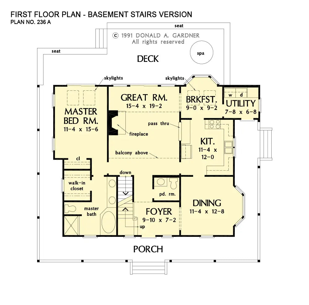 This is the first floor plan image for country house plan 236 The Morninglory if the home is built over a basement