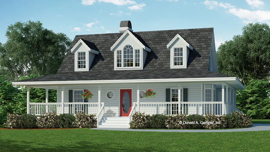 This is an illustration of the front of farmhouse house plan 236 The Morninglory