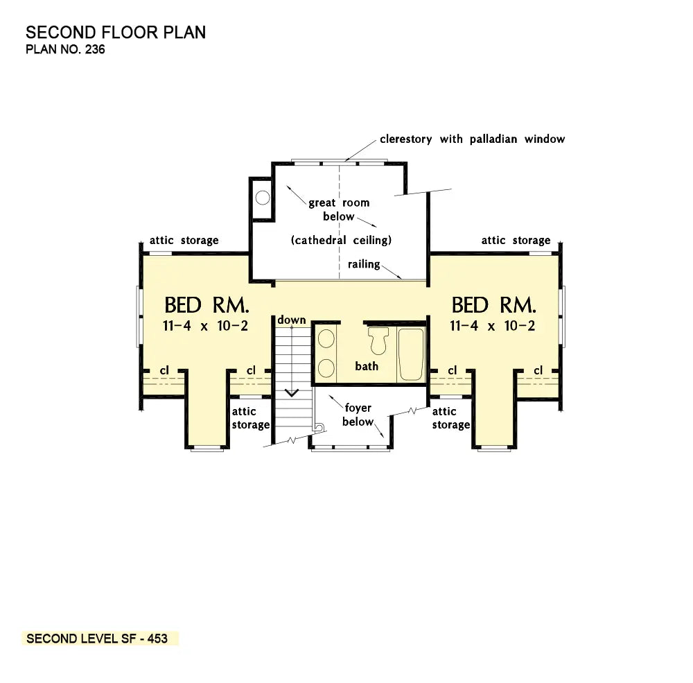 This is the second floor plan image for three bedroom house plan 236 The Morninglory