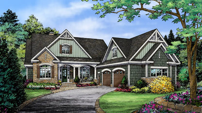 This is an illustration of the front of walkout basement house plan 1338 The Mosscliff