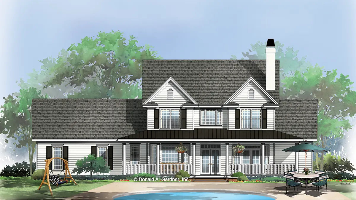 This is an illustration of the rear of two story house plan 547 The Mulberry