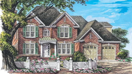 This is an illustration of the front of two story house plan 975 The Mulholland