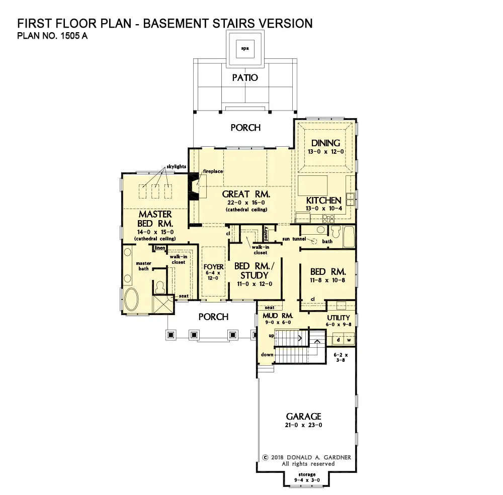 This is the first floor plan image for traditional house plan 1505 The Murray if the home is built over a basement