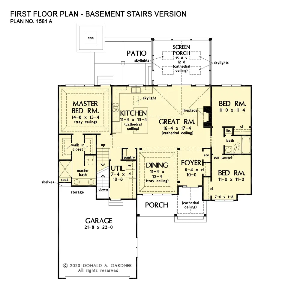 This is the first floor plan image for simple house plan 1581 The Nadia if the home is built over a basement