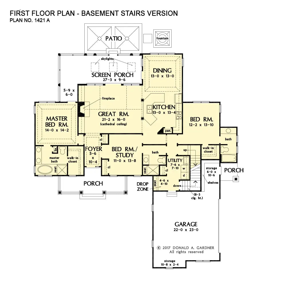 This is the first floor plan image for three bedroom house plan 1421 The Napier if the home is built over a basement