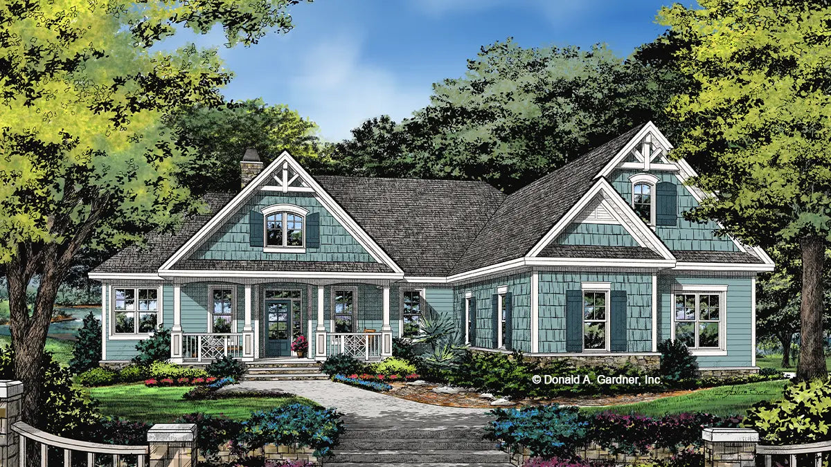 This is an illustration of the front of Craftsman house plan 1421 The Napier
