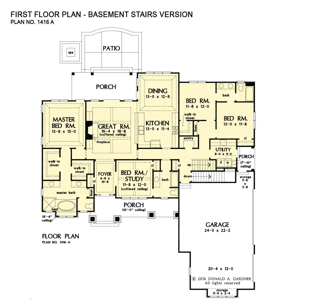 This is the first floor plan image for modern house plan 1416 The Nelson if the home is built over a basement