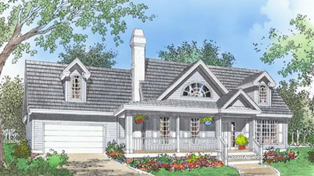 Front view illustration with a front facing garage. The Newberry plan 434.