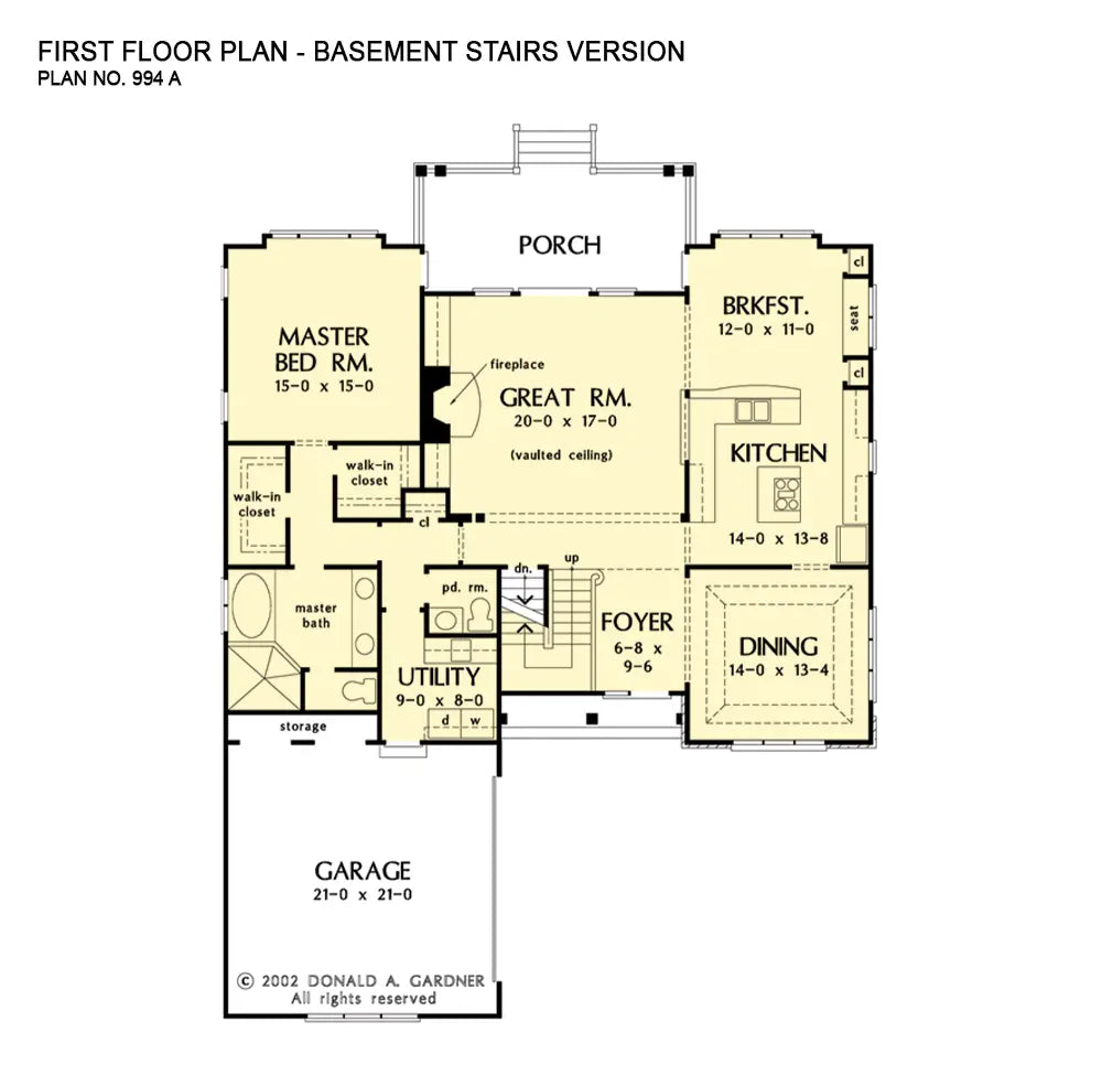 This is the first floor plan image for cottage house plan 994 The Newcastle if the home is built over a basement