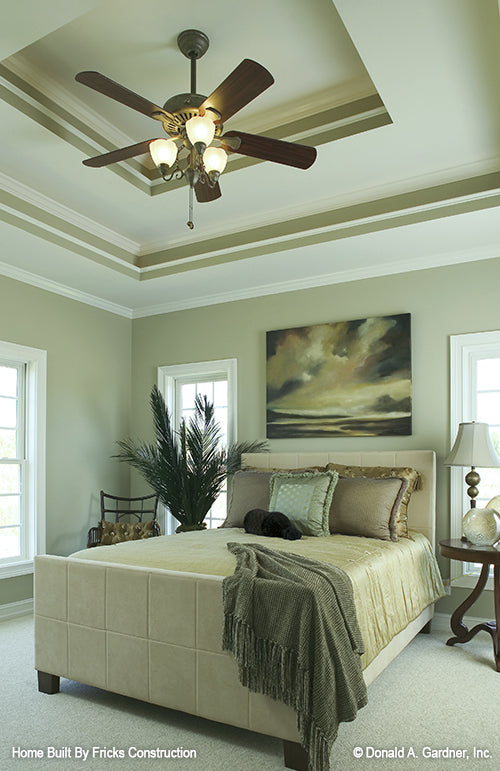 Tray ceiling and ceiling fan in the master bedroom. The Nicholson plan 1021.