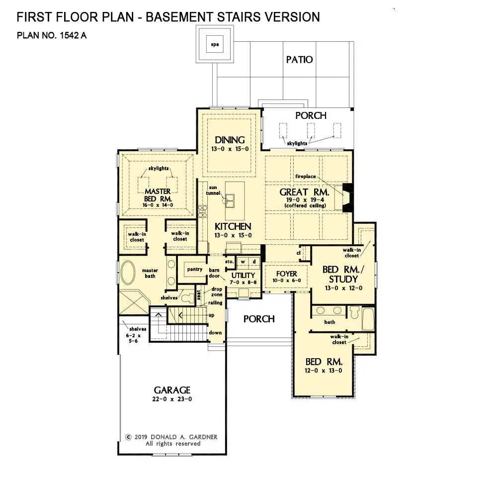 This is the first floor plan image for ranch house plan 1542 The Nigel if the home is built over a basement