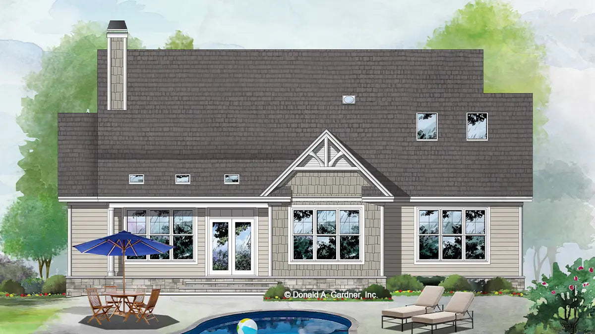 This is an illustration of the rear of ranch house plan 1542 The Nigel