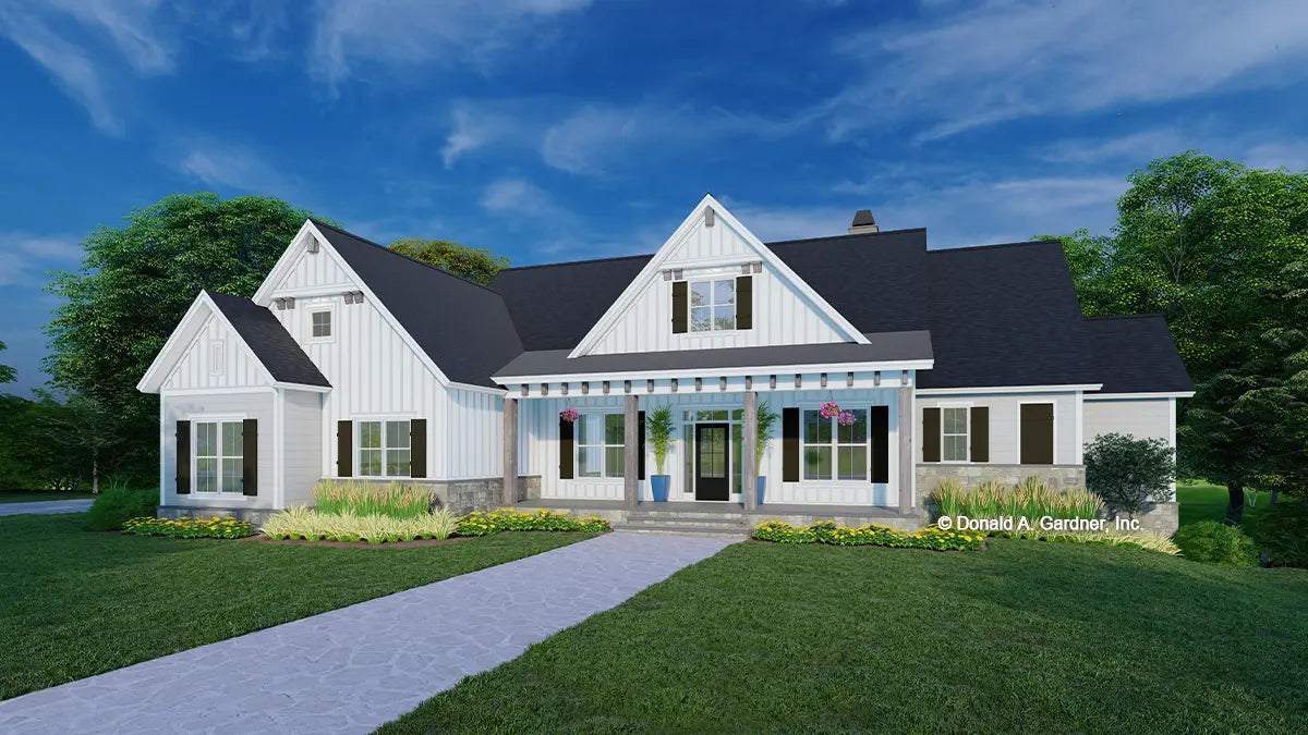 This is an illustration of the front of modern farmhouse house plan 1610 The Nikolai