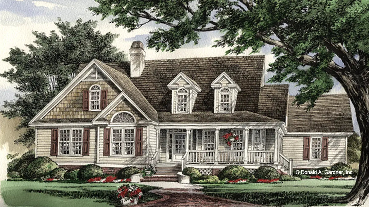 This is an illustration of the front of ranch house plan 759 The Northwyke