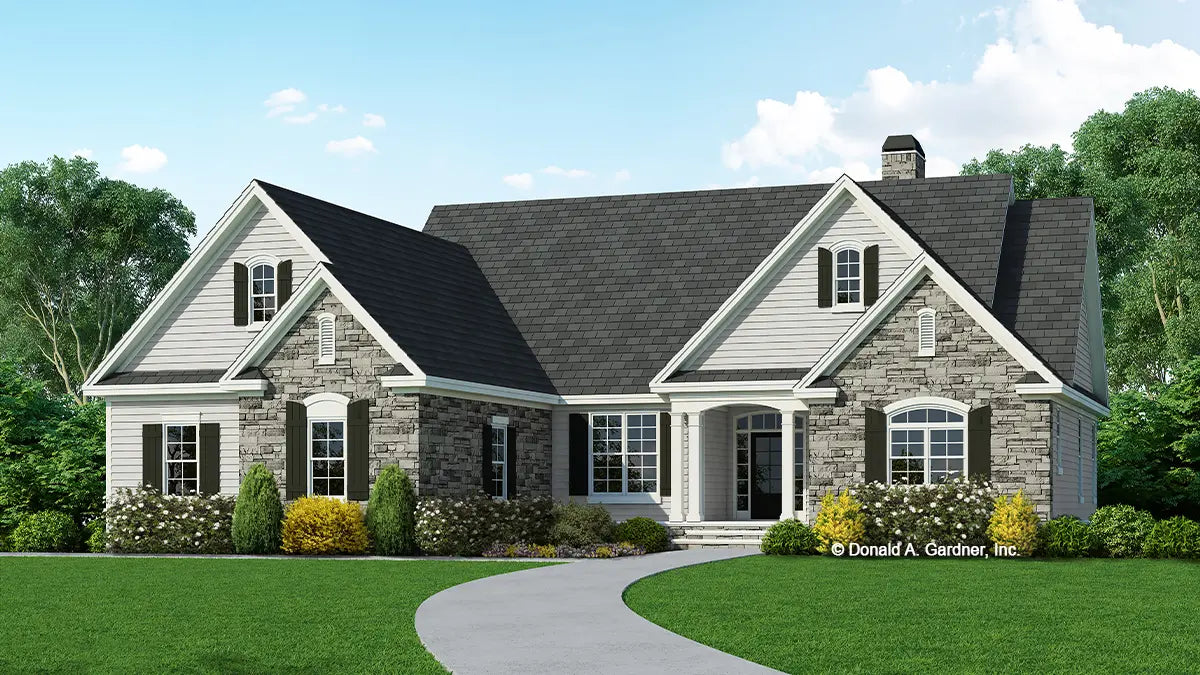 This is an illustration of the rear of ranch house plan 1305 The Norton