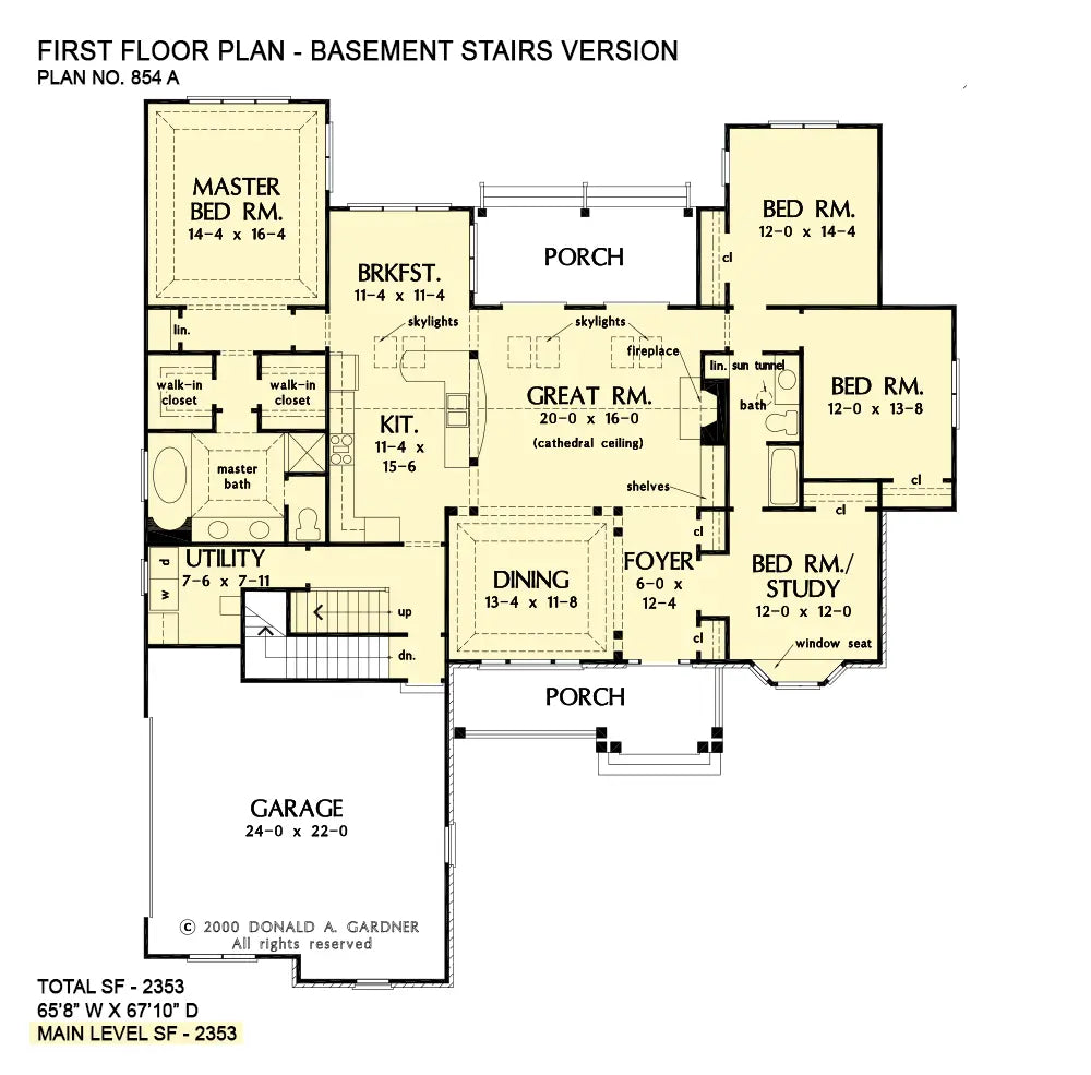 This is the first floor plan image for four bedroom house plan 854 The Nottingham if the home is built over a basement