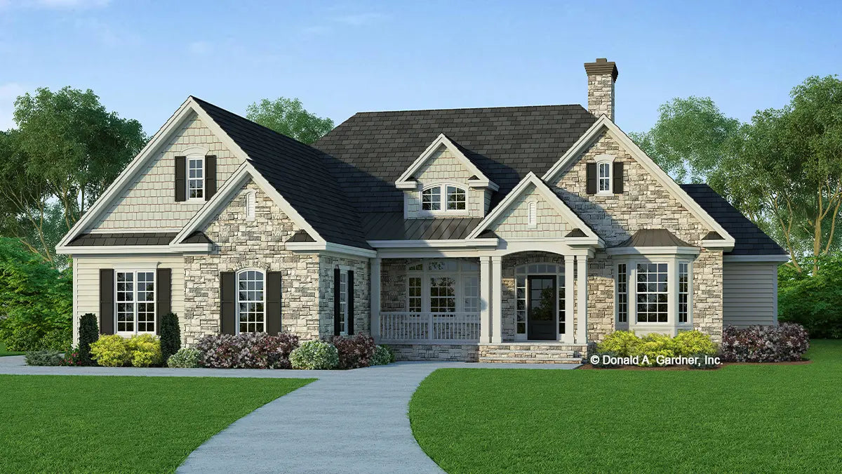 This is an illustration of the front of ranch house plan 854 The Nottingham