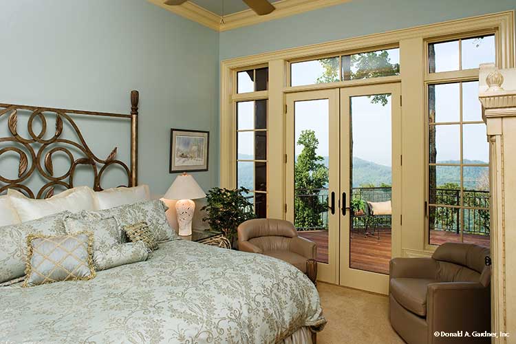 French patio doors in the master bedroom. The Oak Abbey plan 5003.